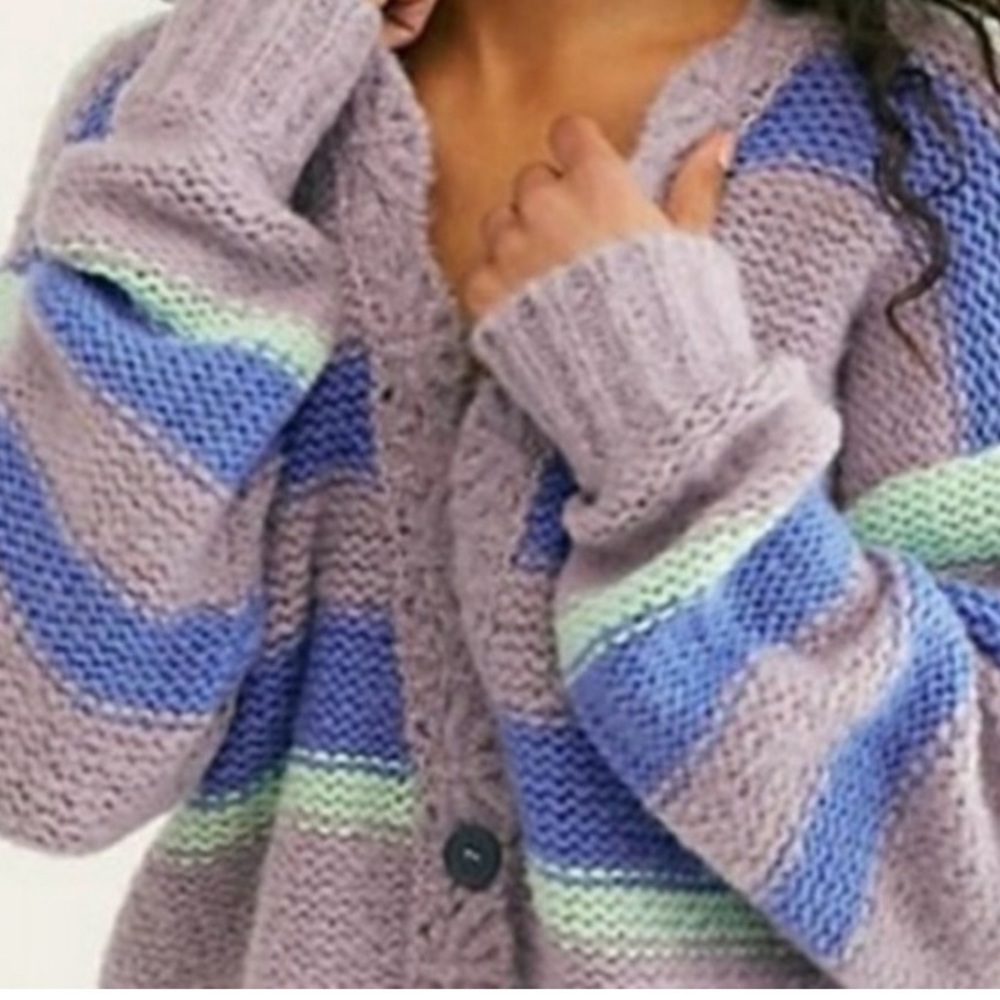 FREE PEOPLE FineTime Stripe Alpaca Wool Blend Cardigan Sweater. Size L